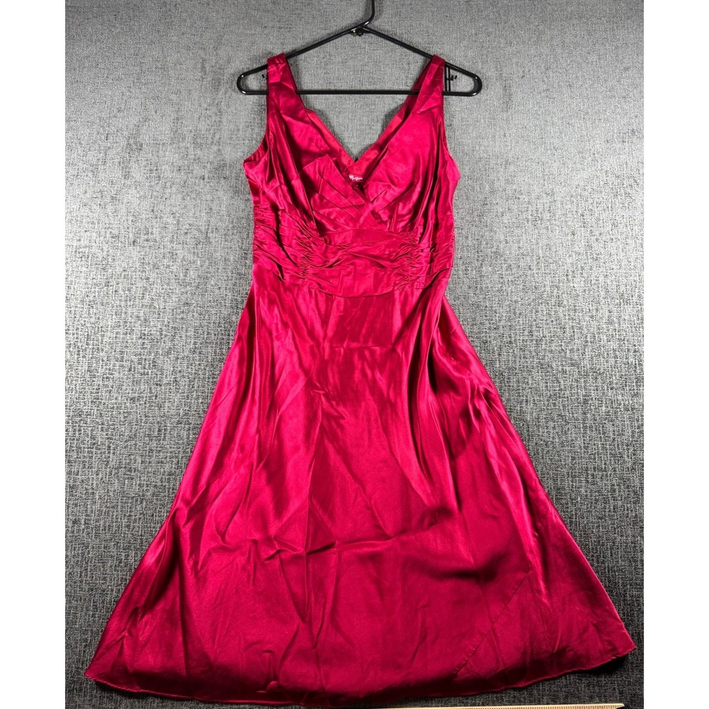 Monsoon Pink Satinโ V-Neck Ruched Waist A-Line Midi Dress Womens UK 12 EUR 40